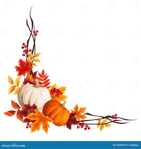 Corner Border with Pumpkins and Colorful Autumn Leaves. Vector ...