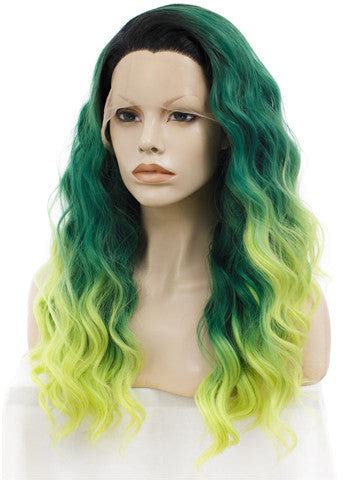 Long Green To Yellow & Orange Ombre Curly Synthetic Lace Front Wig ...