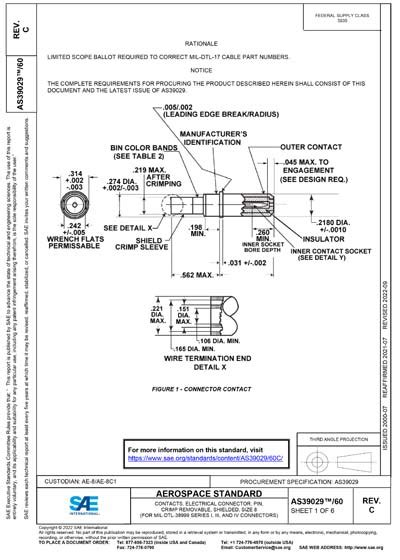 SAE AS 39029/60C-2022 - CONTACTS, ELECTRICAL CONNECTOR, PIN, CRIMP ...