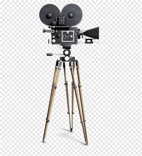 an old fashioned movie camera on a tripod with wooden legs, transparent ...