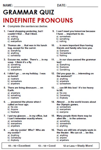 Indefinite Pronouns Worksheet With Answers