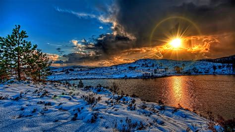 Winter landscape, sunset, snow, river, sky, clouds, white, shadow Wallpaper | 1920x1080 Full HD ...