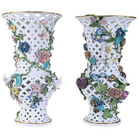 Pair of Meissen Porcelain Vases Encrusted with Raised Flowers and ...