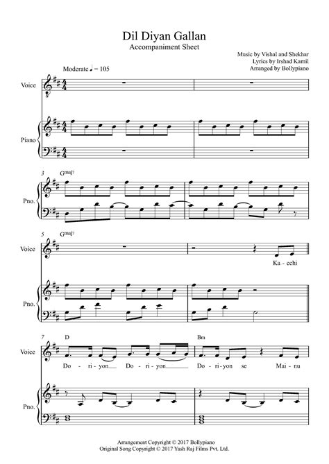 Dil Diyan Gallan Accompaniment Sheet - Chords, Notes, Lyrics | Bollypiano | Sheet music pdf ...