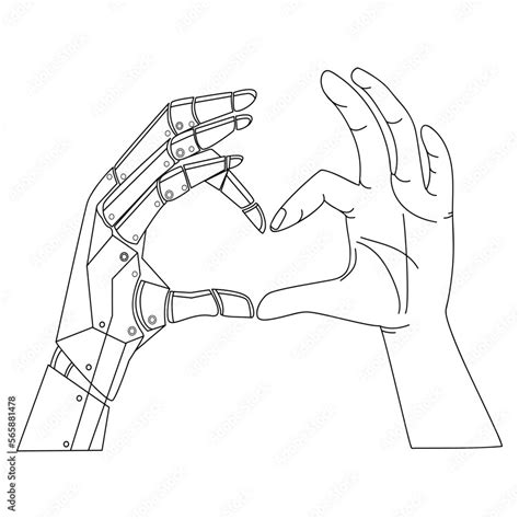 Bionic robot arm and human arm show heart together Line art drawing for ...