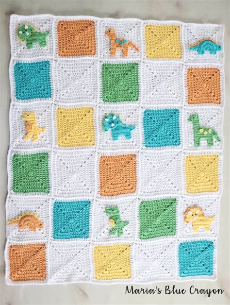 Crochet Dinosaur Granny Square Blanket - Maria's Blue Crayon