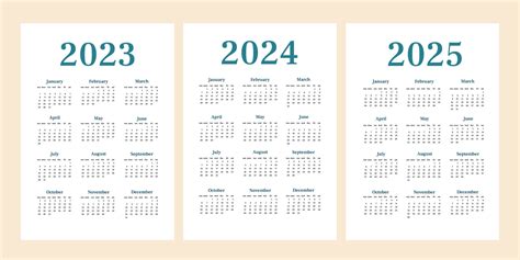 calendario simple 2023, 2024,2025 conjunto. una hoja vertical con todos ...