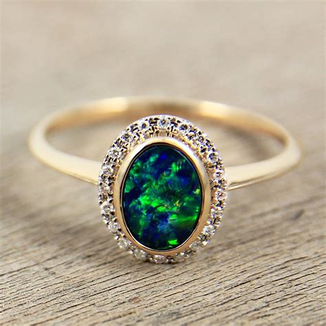 Black Opal Diamond Engagement Wedding Ring 14K Gold Natural