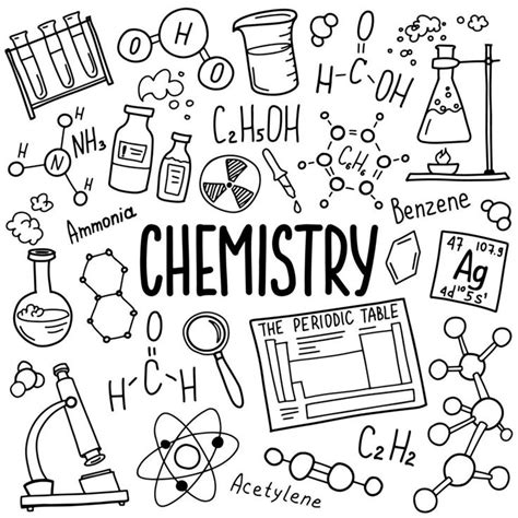 Chemistry symbols icon set. Science subject doodle design. Education and study concept. Back to ...