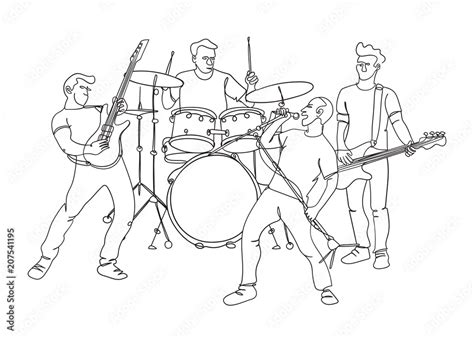 Rock music band illustration in continuous single line drawing style. Dynamic and minimalistic ...