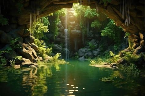 Premium AI Image | Lush Green Forest With Hidden Waterfall Cascading ...