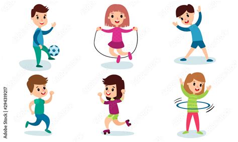 Set Of Vector Illustrations With Children Of Different Physical Activity Cartoon Characters ...