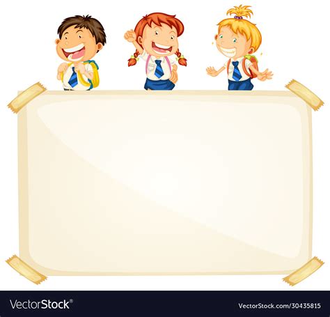 Frame template design with three happy students Vector Image