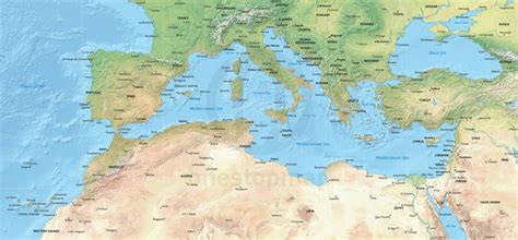 Vector Map Of The Mediterranean, Political With Shaded Relief | One throughout Mediterranean Map ...