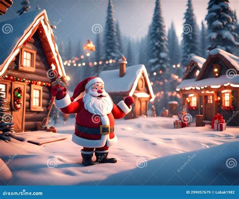 3D Cartoon Santa Claus in the North Pole Village Stock Illustration ...