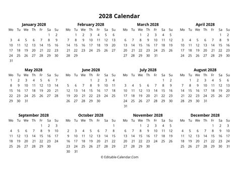 Download Minimalist Fillable Calendar 2028, Monday Start