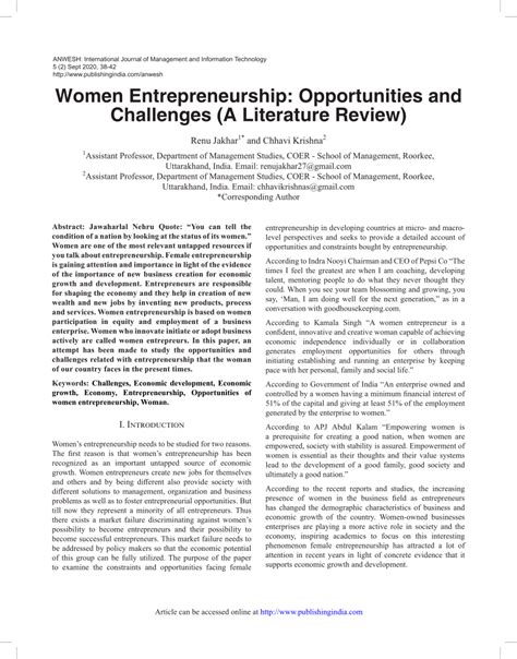 (PDF) Women Entrepreneurship: Opportunities and Challenges (A Literature Review)