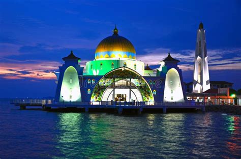 Malacca Straits Mosque stock image. Image of masjid, night - 26472645