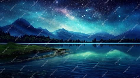 Premium AI Image | Starry night sky over a mountain lake with a green island generative ai