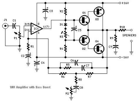 Transistored 10W Audio Amplifier - Circuit Scheme