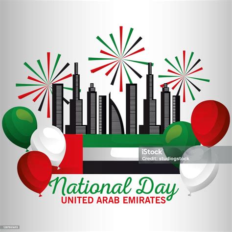 Uae National Day With Flag Fireworks Balloons And City Vector Design ...