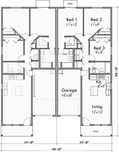 Duplex House Plan With Garage In Middle - 3 Bedrooms | Bruinier ...