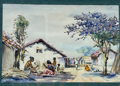 Proantic: Watercolor Signed Yalavatti, Indian Village