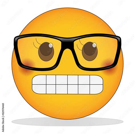 Geek emoji. Yellow face nerd emoticon wearing glasses, having a wide green and blushing cheeks ...