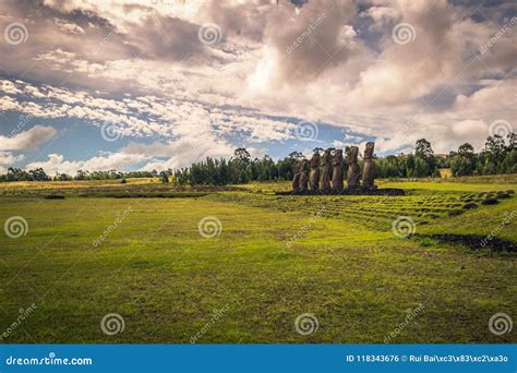 Ahu Akivi, Easter Island - July 12 2017: Moai Statues of Ahu Akivi Stock Photo - Image of clouds ...