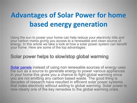 PPT - Advantages of Solar Power for home based energy generation ...