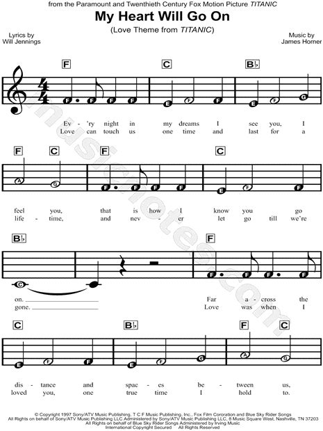 Celine Dion "My Heart Will Go on" Sheet Music for Beginners in C Major ...