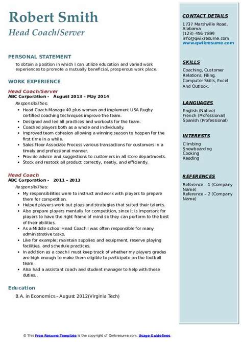 Head Coach Resume Samples | QwikResume