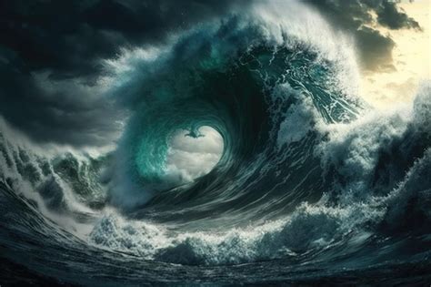 Premium AI Image | Massive tsunami waves a stormy dark background and a tornado Tsunami sized ...