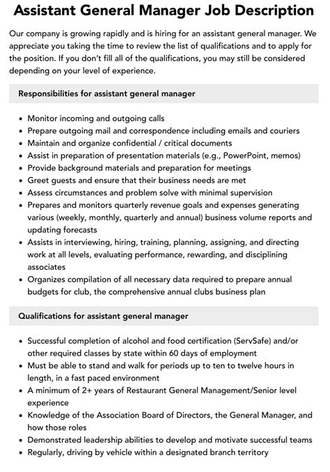 Assistant General Manager Job Description | Velvet Jobs