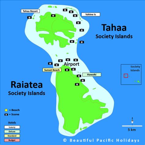 Map of Raiatea Tahaa in the Tahitian Islands showing Hotel Locations