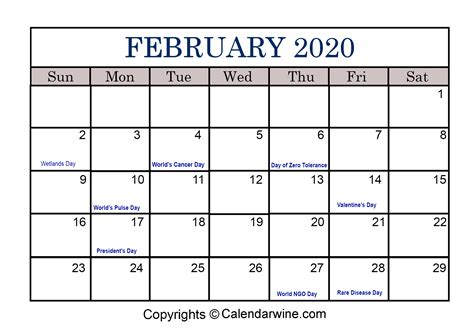 Full list of February Holidays 2020 For USA UK Canada & Other Countries | Calendar printables ...