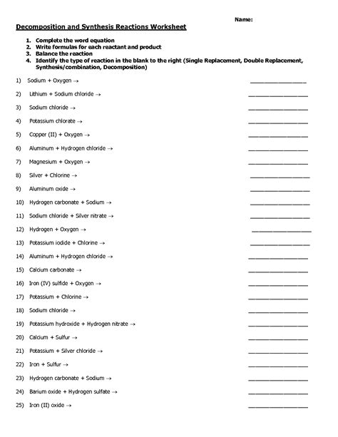 Synthesis Reaction Worksheets