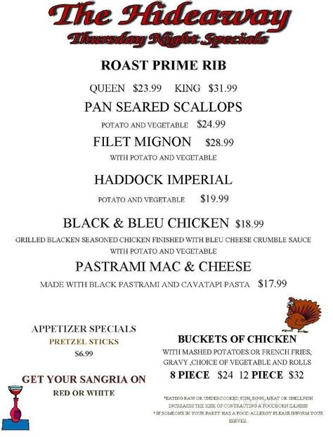 Menu of Hideaway Restaurant in Middleboro, MA 02346