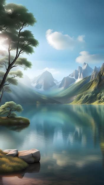 Premium AI Image | Beautiful lake scenery landscape digital painting ...