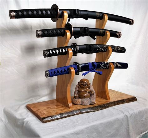 Rustic Katana Wakizashi Tanto Samurai Sword Display 4 Tier Oak Mantel Desk Top Japanese Samurai ...