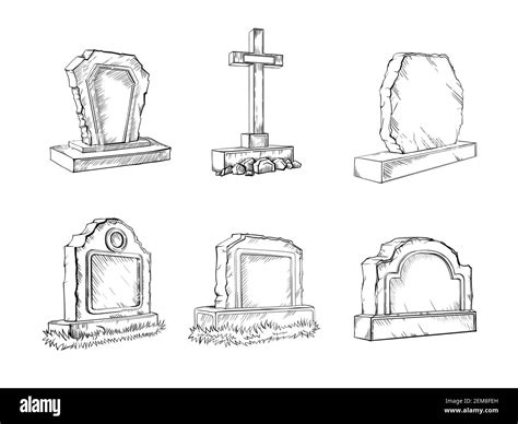 Stone tombstones sketch set gravestone illustration, drawing, engraving, ink, line art, vector ...