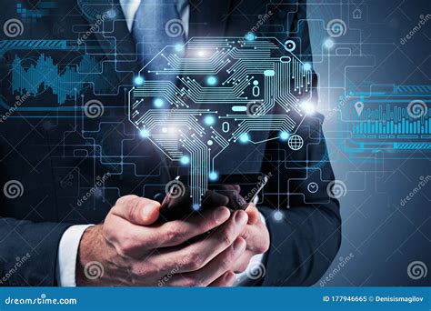 Man with Smartphone, AI Brain Interface Stock Image - Image of coding ...