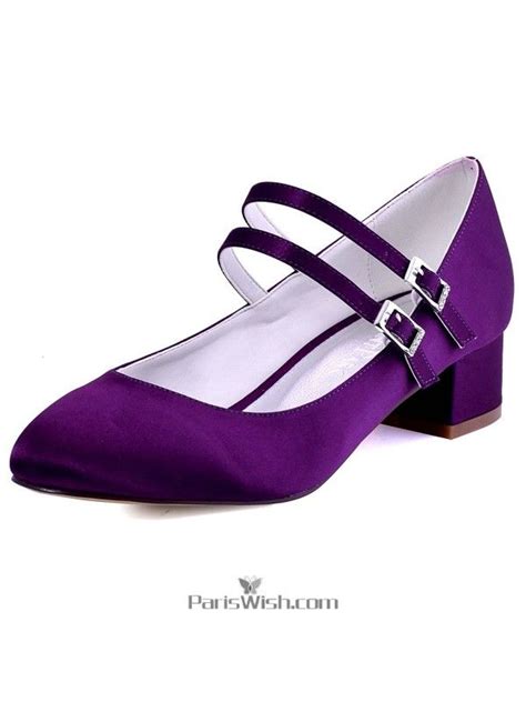 Ankle Straps Satin Purple Low Heel Bridesmaid Wedding Bridal Shoes With ...