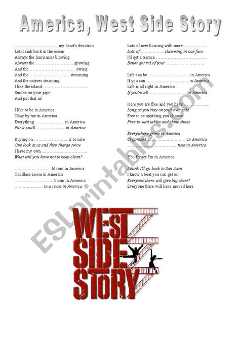 West Side Story, America - ESL worksheet by englishteacher60