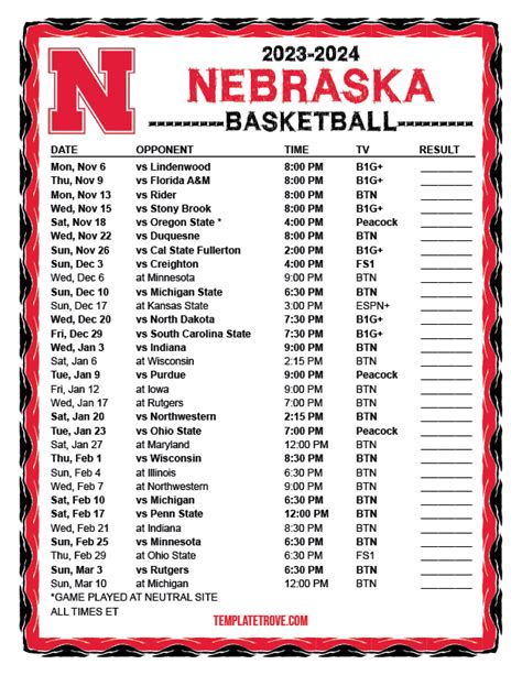 Printable 2023-2024 Nebraska Cornhuskers Basketball Schedule