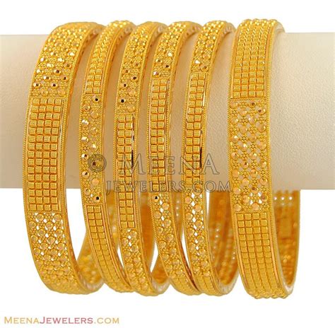 Indian Filigree Bangles Set (6 Pcs) - BaGo9477 - 22K Gold Indian bangle set with exclusive ...