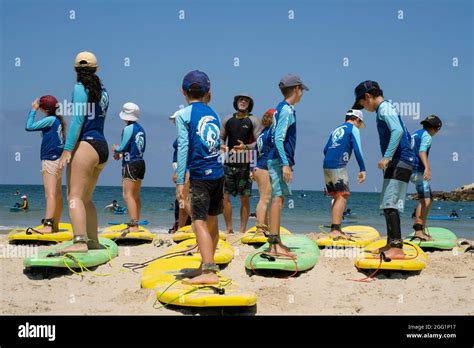 Tel Aviv, Israel - August 15th, 2021: A surfing class for children on ...