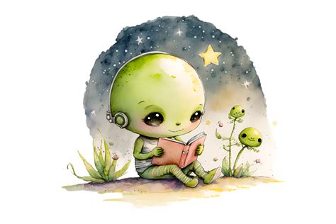 Cute Baby Alien Reading Book Watercolor Science Fiction Clipart 23828825 PNG