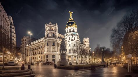 Night Shot Of Madrid S Municipal Building And Cathedral Background ...