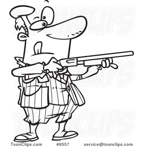 Cartoon Black and White Line Drawing of a Guy Shooting Clay Pigeons #9557 by Ron Leishman